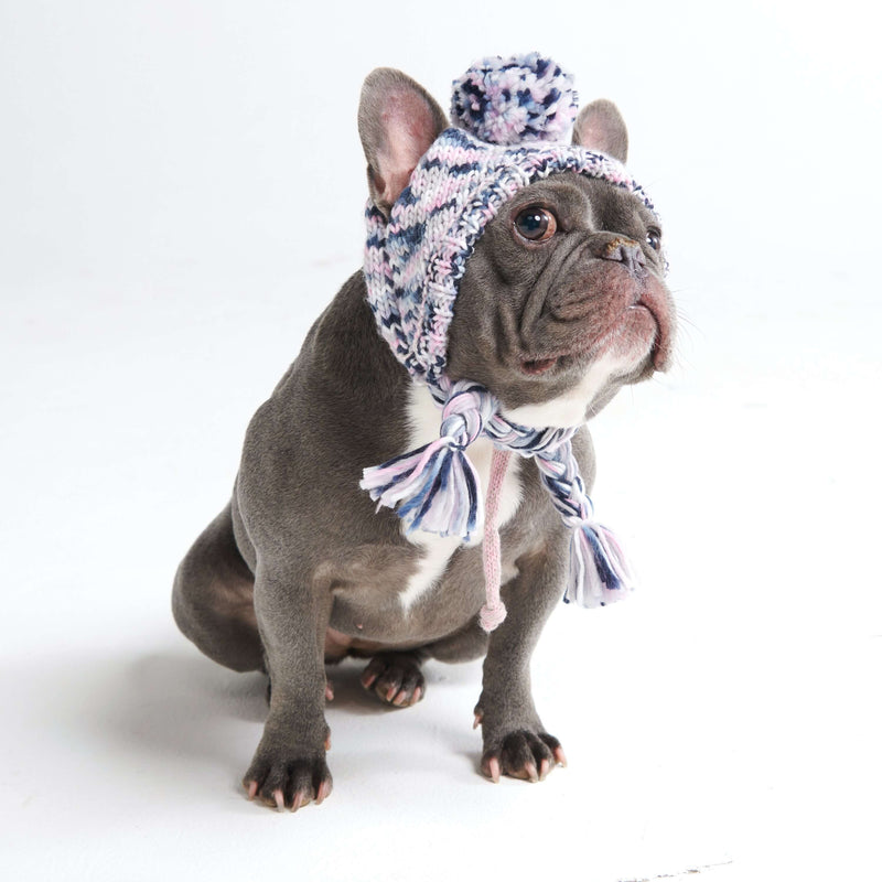 Knit Pom Pom Dog Beanie Hat - Pink Grey Navy