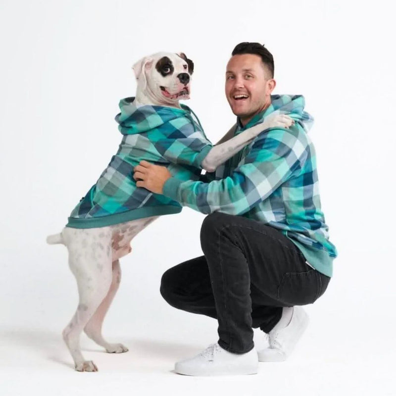 Samtiger Hunde Hoodie - Türkis-karierter
